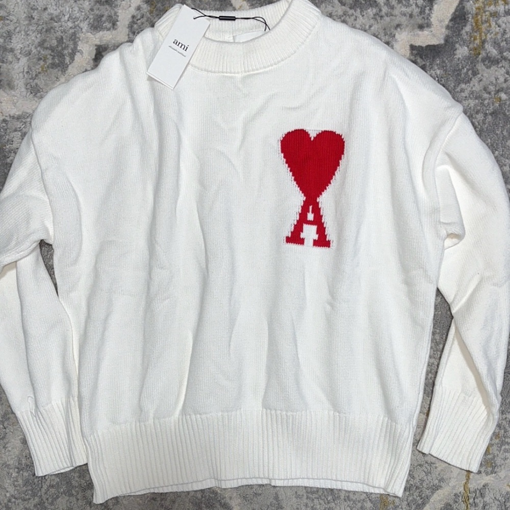 Ami White Sweater with Red Heart Logo